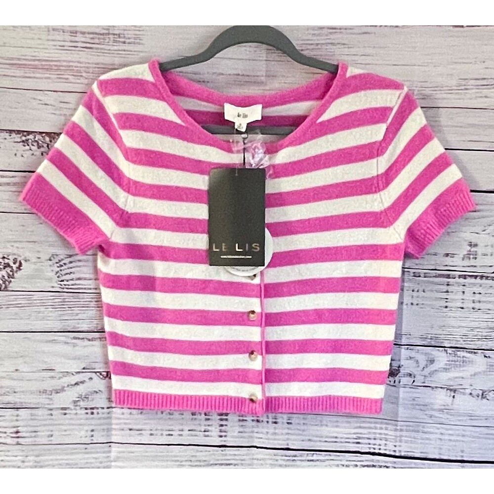 Le Lis Pink White Striped Knit Short Sleeve Cardigan Top NWT S